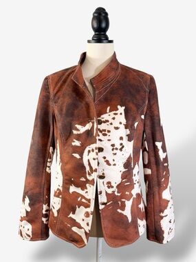 FuTario Suede Cow Print Jacket Size L Stand Collar Slim Fit Western Vintage Boho